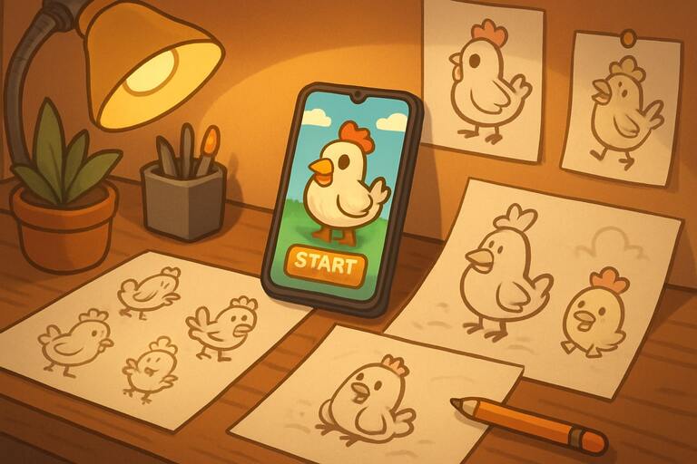 Sketches and phone mockup on a small game desk