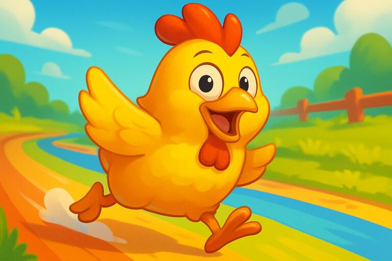 Cheerful chicken dashing across a colorful lane
