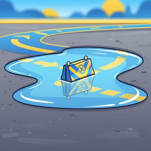 Glossy water puddle reflecting lane markings