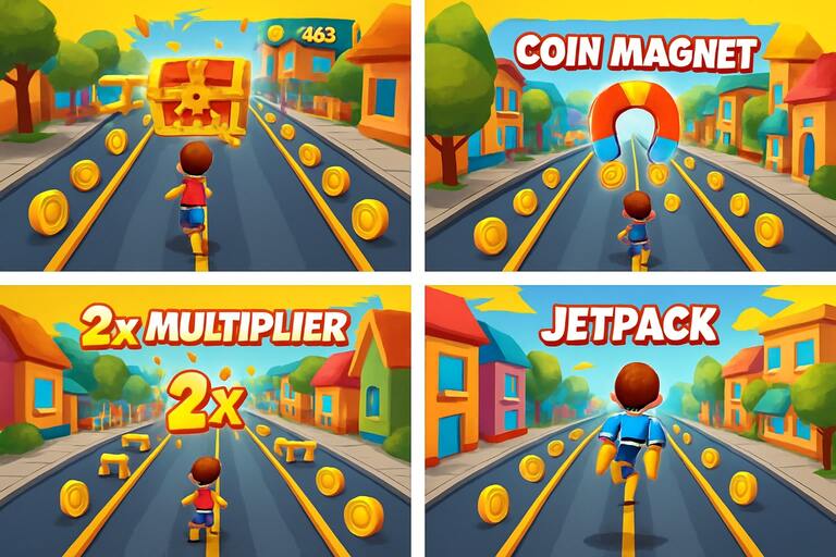 Gameplay screenshots grid with lanes and rewards