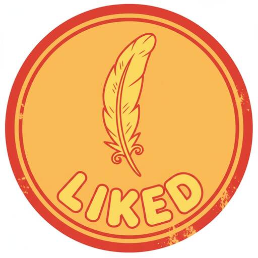 Round stamp illustration with a feather saying Liked