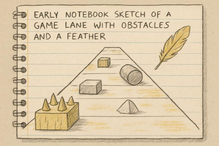 Early notebook sketch of a lane with obstacles and a feather