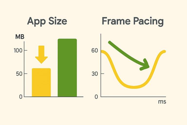Charts comparing app size and frame pacing improvements