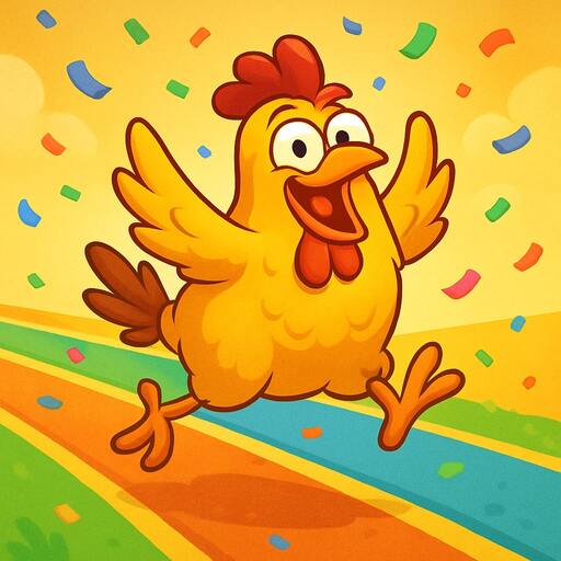 Cartoon chicken leaping between lanes with confetti
